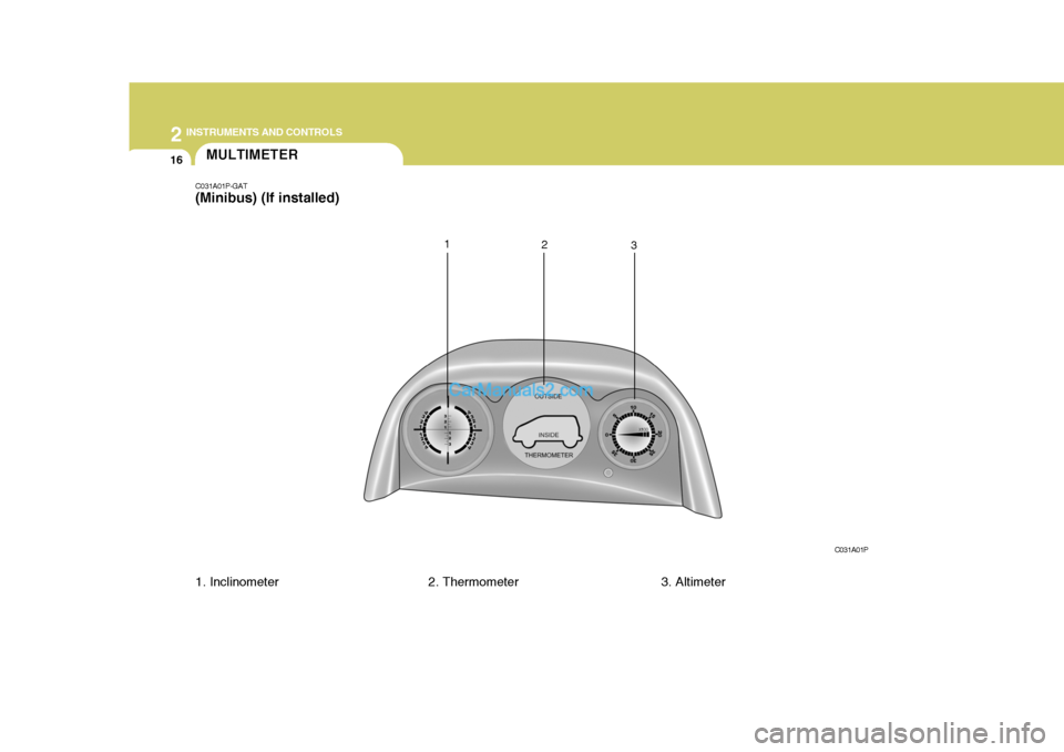 Hyundai H-1 (Grand Starex) 2006 Manual Online 2 INSTRUMENTS AND CONTROLS
16MULTIMETER
C031A01P-GAT (Minibus) (If installed)
1. Inclinometer 2. Thermometer 3. Altimeter C031A01P
1
2
3 Hyundai H-1 (Grand Starex) 2006 Manual Online 2 INSTRUMENTS AND CONTROLS
16MULTIMETER
C031A01P-GAT (Minibus) (If installed)
1. Inclinometer 2. Thermometer 3. Altimeter C031A01P
1
2
3