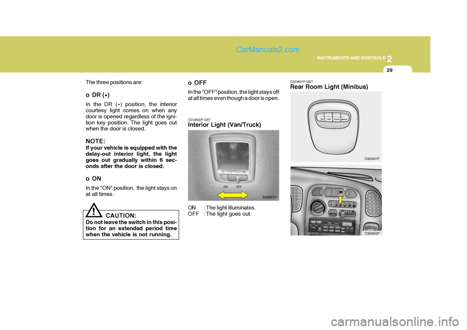 Hyundai H-1 (Grand Starex) 2006 Owners Manual 2
INSTRUMENTS AND CONTROLS
29
C320A01P-GAT Rear Room Light (Minibus)
C320A01P
C320A02P
The three positions are:
o DR (
·)
In the DR ( ·) position, the interior
courtesy light comes on when any door Hyundai H-1 (Grand Starex) 2006 Owners Manual 2
INSTRUMENTS AND CONTROLS
29
C320A01P-GAT Rear Room Light (Minibus)
C320A01P
C320A02P
The three positions are:
o DR (
·)
In the DR ( ·) position, the interior
courtesy light comes on when any door