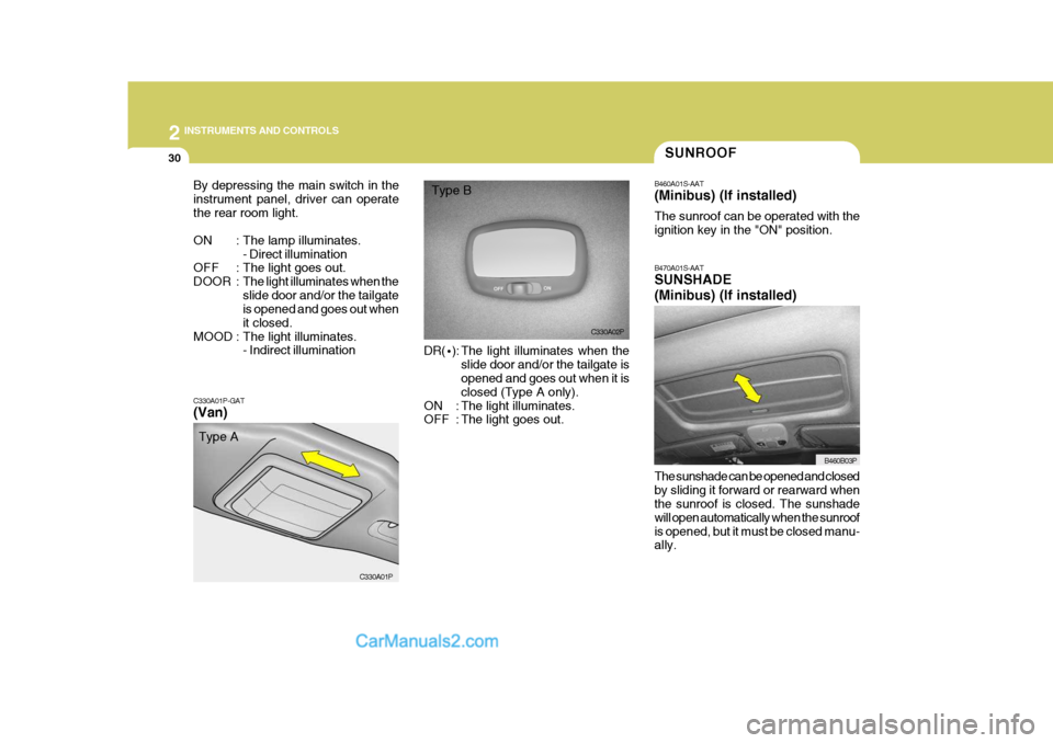 Hyundai H-1 (Grand Starex) 2006 Owners Manual 2 INSTRUMENTS AND CONTROLS
30
C330A01P-GAT (Van) DR(
·): The light illuminates when the
slide door and/or the tailgate is opened and goes out when it is closed (Type A only).
ON : The light illuminat Hyundai H-1 (Grand Starex) 2006 Owners Manual 2 INSTRUMENTS AND CONTROLS
30
C330A01P-GAT (Van) DR(
·): The light illuminates when the
slide door and/or the tailgate is opened and goes out when it is closed (Type A only).
ON : The light illuminat
