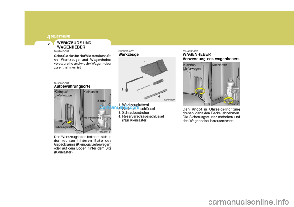 Hyundai H-1 (Grand Starex) 2006  Betriebsanleitung (in German) 44SELBSTHILFE
2WERKZEUGE UND WAGENHEBER
E010A01P-GST Seien Sie sich für Notfälle stets bewußt, wo Werkzeuge und Wagenheber verstaut sind und wie der Wagenheber zu entnehmen ist.
E010B03P-GST Aufbew