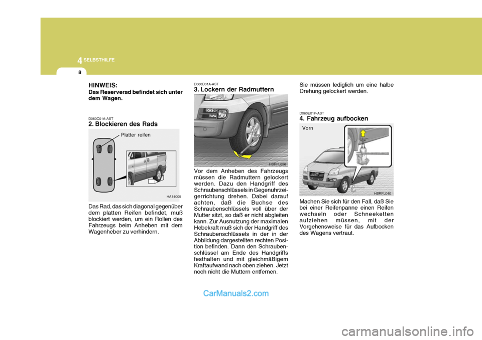 Hyundai H-1 (Grand Starex) 2006 Betriebsanleitung (in German) 44SELBSTHILFE
8
HSRFL056 D060E01P-AST 4. Fahrzeug aufbocken
HSRFL040
Vorn
Machen Sie sich für den Fall, daß Sie bei einer Reifenpanne einen Reifen wechseln oder Schneekettenaufziehen müssen, mit de Hyundai H-1 (Grand Starex) 2006 Betriebsanleitung (in German) 44SELBSTHILFE
8
HSRFL056 D060E01P-AST 4. Fahrzeug aufbocken
HSRFL040
Vorn
Machen Sie sich für den Fall, daß Sie bei einer Reifenpanne einen Reifen wechseln oder Schneekettenaufziehen müssen, mit de
