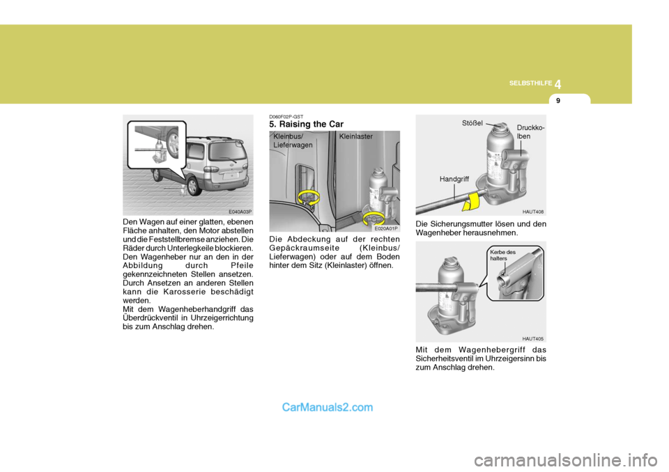 Hyundai H-1 (Grand Starex) 2006  Betriebsanleitung (in German) 4
CORROSION PREVENTION AND APPEARANCE CARE
9
4
SELBSTHILFE
9
E040A03P
Den Wagen auf einer glatten, ebenen Fläche anhalten, den Motor abstellen und die Feststellbremse anziehen. Die Räder durch Unter