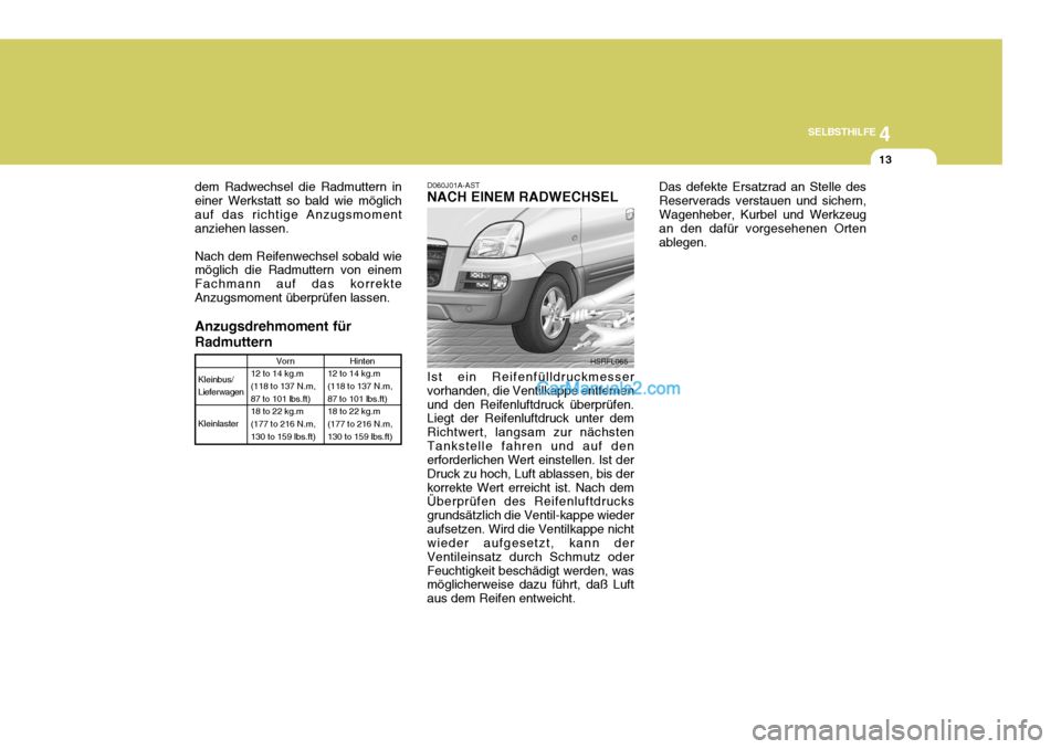 Hyundai H-1 (Grand Starex) 2006  Betriebsanleitung (in German) 4
CORROSION PREVENTION AND APPEARANCE CARE
13
4
SELBSTHILFE
13
Kleinbus/ Lieferwagen Kleinlaster Vorn
12 to 14 kg.m (118 to 137 N.m, 87 to 101 lbs.ft) 18 to 22 kg.m(177 to 216 N.m, 130 to 159 lbs.ft)
