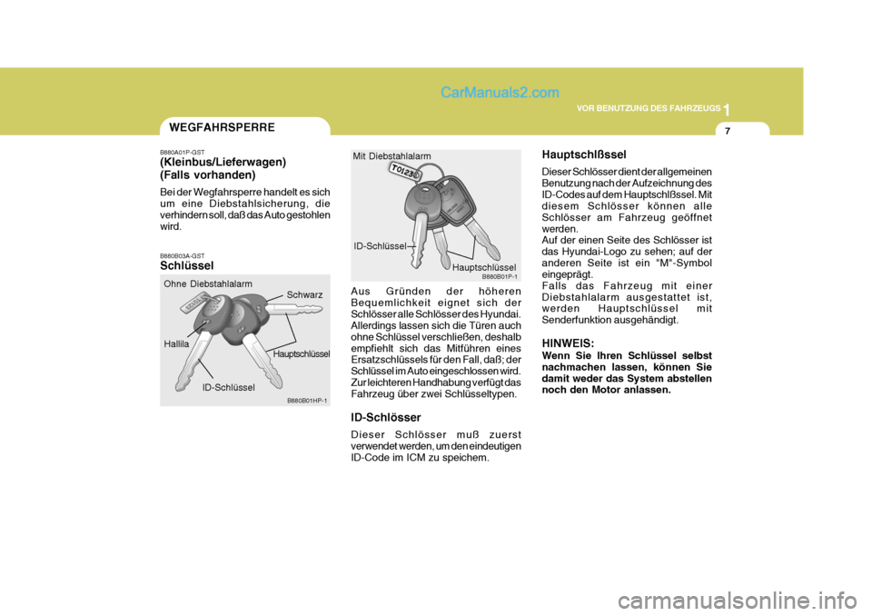 Hyundai H-1 (Grand Starex) 2006  Betriebsanleitung (in German) 1
VOR BENUTZUNG DES FAHRZEUGS
7
ID-Schlüssel
B880B01HP-1
WEGFAHRSPERRE
B880A01P-GST (Kleinbus/Lieferwagen) (Falls vorhanden) Bei der Wegfahrsperre handelt es sich um eine Diebstahlsicherung, dieverhi