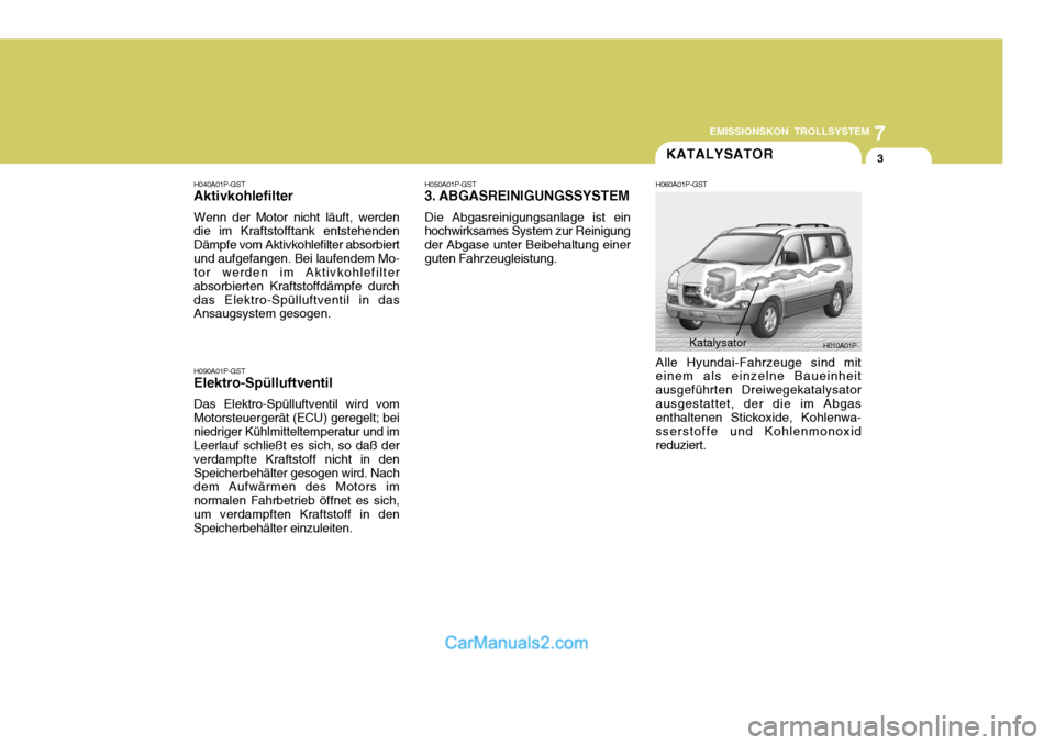 Hyundai H-1 (Grand Starex) 2006 Betriebsanleitung (in German) 7
EMISSIONSKON TROLLSYSTEM
3KATALYSATOR
H040A01P-GST Aktivkohlefilter Wenn der Motor nicht läuft, werden die im Kraftstofftank entstehenden Dämpfe vom Aktivkohlefilter absorbiertund aufgefangen. Bei Hyundai H-1 (Grand Starex) 2006 Betriebsanleitung (in German) 7
EMISSIONSKON TROLLSYSTEM
3KATALYSATOR
H040A01P-GST Aktivkohlefilter Wenn der Motor nicht läuft, werden die im Kraftstofftank entstehenden Dämpfe vom Aktivkohlefilter absorbiertund aufgefangen. Bei