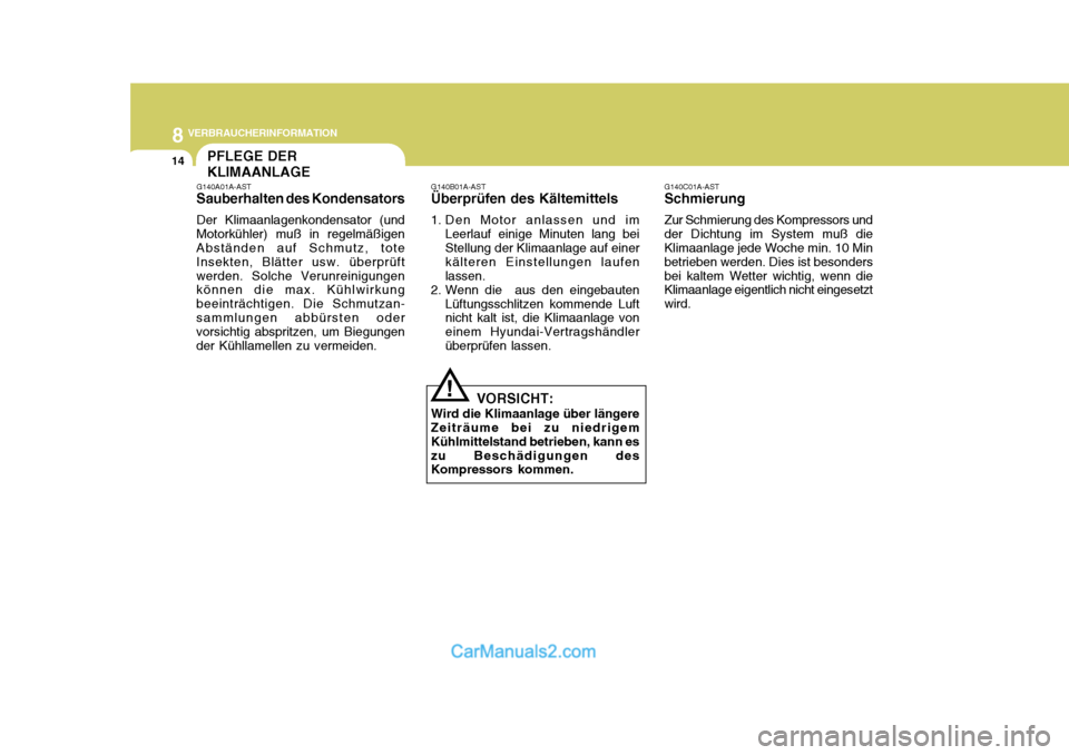 Hyundai H-1 (Grand Starex) 2006 Betriebsanleitung (in German) 8VERBRAUCHERINFORMATION
14
VORSICHT:
Wird die Klimaanlage über längere Zeiträume bei zu niedrigem Kühlmittelstand betrieben, kann eszu Beschädigungen des Kompressors kommen.
!
G140B01A-AST
Überp Hyundai H-1 (Grand Starex) 2006 Betriebsanleitung (in German) 8VERBRAUCHERINFORMATION
14
VORSICHT:
Wird die Klimaanlage über längere Zeiträume bei zu niedrigem Kühlmittelstand betrieben, kann eszu Beschädigungen des Kompressors kommen.
!
G140B01A-AST
Überp