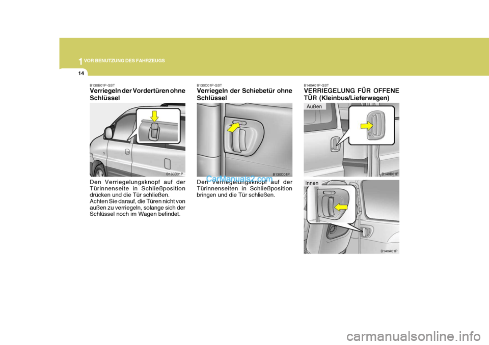 Hyundai H-1 (Grand Starex) 2006 Betriebsanleitung (in German) 1VOR BENUTZUNG DES FAHRZEUGS
14
Außen
B130C01P-GST Verriegeln der Schiebetür ohne Schlüssel Den Verriegelungsknopf auf der Türinnenseiten in Schließposition bringen und die Tür schließen. B130C Hyundai H-1 (Grand Starex) 2006 Betriebsanleitung (in German) 1VOR BENUTZUNG DES FAHRZEUGS
14
Außen
B130C01P-GST Verriegeln der Schiebetür ohne Schlüssel Den Verriegelungsknopf auf der Türinnenseiten in Schließposition bringen und die Tür schließen. B130C