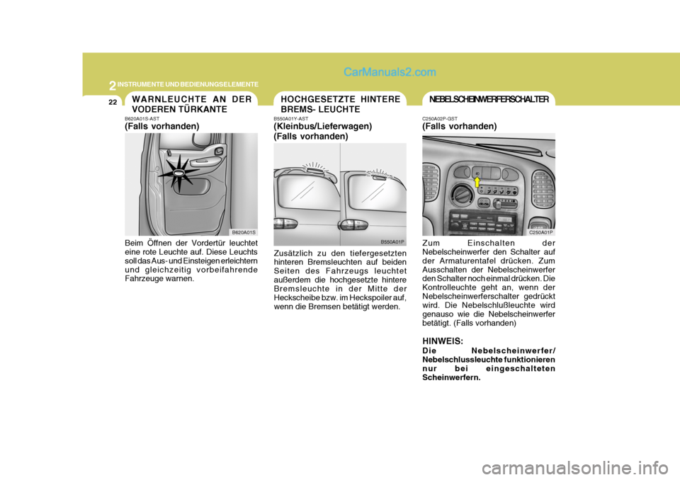 Hyundai H-1 (Grand Starex) 2006 Betriebsanleitung (in German) 2INSTRUMENTE UND BEDIENUNGSELEMENTE
22NEBELSCHEINWERFERSCHALTER
C250A02P-GST (Falls vorhanden) Zum Einschalten der Nebelscheinwerfer den Schalter auf der Armaturentafel drücken. ZumAusschalten der Ne Hyundai H-1 (Grand Starex) 2006 Betriebsanleitung (in German) 2INSTRUMENTE UND BEDIENUNGSELEMENTE
22NEBELSCHEINWERFERSCHALTER
C250A02P-GST (Falls vorhanden) Zum Einschalten der Nebelscheinwerfer den Schalter auf der Armaturentafel drücken. ZumAusschalten der Ne