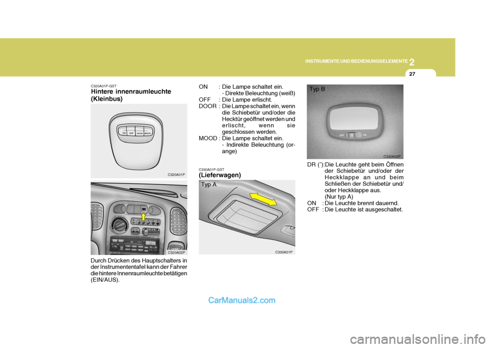 Hyundai H-1 (Grand Starex) 2006 Betriebsanleitung (in German) 2
INSTRUMENTE UND BEDIENUNGSELEMENTE
27
C330A02P
ON : Die Lampe schaltet ein.
- Direkte Beleuchtung (weiß)
OFF : Die Lampe erlischt.
DOOR : Die Lampe schaltet ein, wenn die Schiebetür und/oder dieH Hyundai H-1 (Grand Starex) 2006 Betriebsanleitung (in German) 2
INSTRUMENTE UND BEDIENUNGSELEMENTE
27
C330A02P
ON : Die Lampe schaltet ein.
- Direkte Beleuchtung (weiß)
OFF : Die Lampe erlischt.
DOOR : Die Lampe schaltet ein, wenn die Schiebetür und/oder dieH