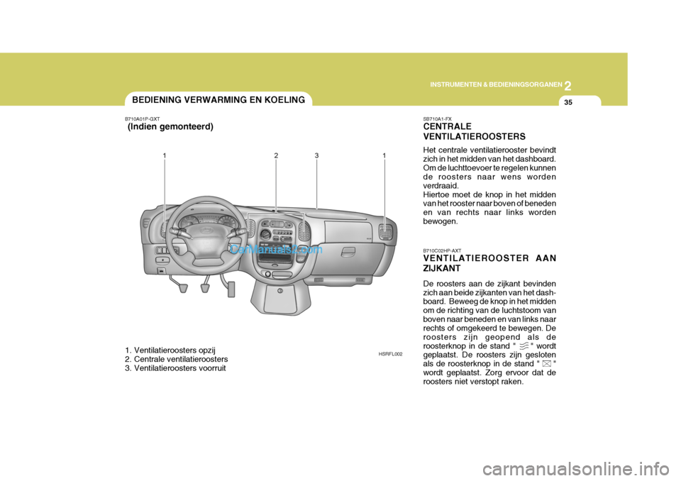 Hyundai H-1 (Grand Starex) 2006 Handleiding (in Dutch) 2
INSTRUMENTEN & BEDIENINGSORGANEN
35
HSRFL002
BEDIENING VERWARMING EN KOELING
B710A01P-GXT
(Indien gemonteerd)
1. Ventilatieroosters opzij
2. Centrale ventilatieroosters
3. Ventilatieroosters vo Hyundai H-1 (Grand Starex) 2006 Handleiding (in Dutch) 2
INSTRUMENTEN & BEDIENINGSORGANEN
35
HSRFL002
BEDIENING VERWARMING EN KOELING
B710A01P-GXT
(Indien gemonteerd)
1. Ventilatieroosters opzij
2. Centrale ventilatieroosters
3. Ventilatieroosters vo
