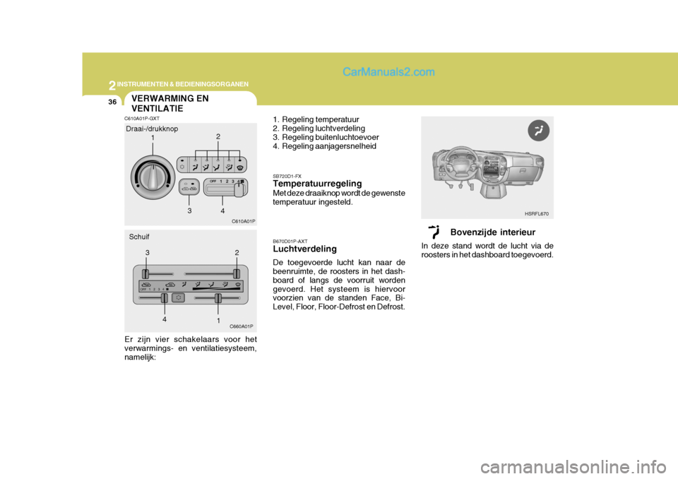 Hyundai H-1 (Grand Starex) 2006 Handleiding (in Dutch) 2INSTRUMENTEN & BEDIENINGSORGANEN
36
Bovenzijde interieur
In deze stand wordt de lucht via de roosters in het dashboard toegevoerd. HSRFL670
VERWARMING EN VENTILATIE
C610A01P-GXT
Draai-/drukknop
Schui Hyundai H-1 (Grand Starex) 2006 Handleiding (in Dutch) 2INSTRUMENTEN & BEDIENINGSORGANEN
36
Bovenzijde interieur
In deze stand wordt de lucht via de roosters in het dashboard toegevoerd. HSRFL670
VERWARMING EN VENTILATIE
C610A01P-GXT
Draai-/drukknop
Schui