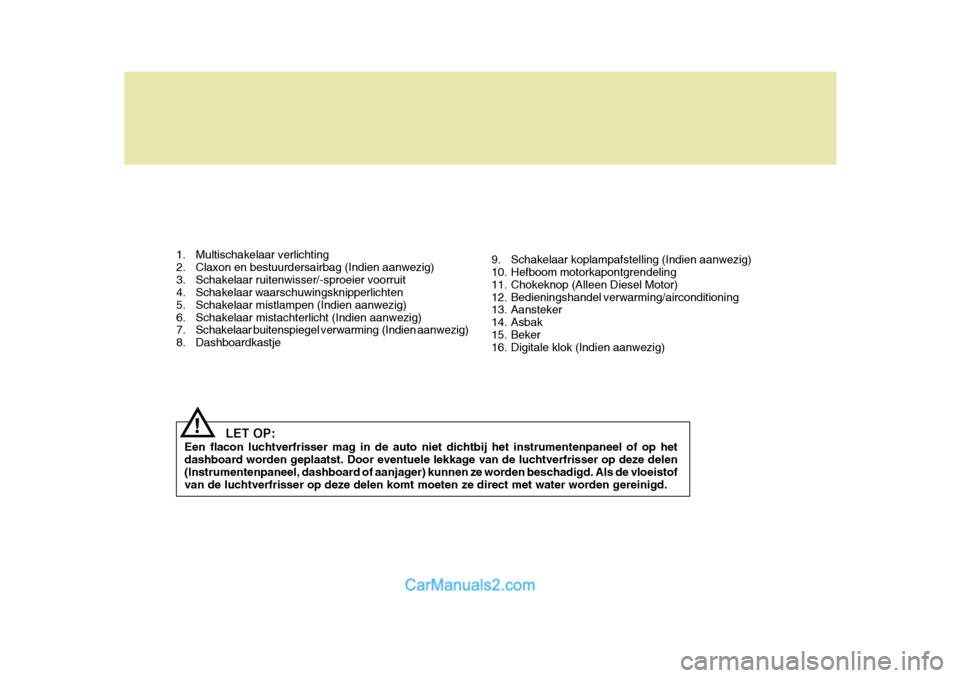 Hyundai H-1 (Grand Starex) 2006  Handleiding (in Dutch) 1. Multischakelaar verlichting 
2. Claxon en bestuurdersairbag (Indien aanwezig)
3. Schakelaar ruitenwisser/-sproeier voorruit 
4. Schakelaar waarschuwingsknipperlichten 
5. Schakelaar mistlampen (Ind