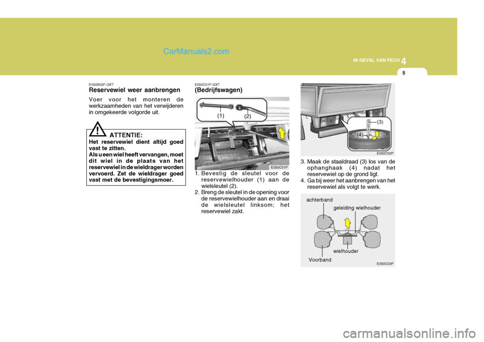 Hyundai H-1 (Grand Starex) 2006 Handleiding (in Dutch) 4
CORROSION PREVENTION AND APPEARANCE CARE
5
4
IN GEVAL VAN PECH
5
E050B02P-GXT Reservewiel weer aanbrengen Voer voor het monteren de werkzaamheden van het verwijderenin omgekeerde volgorde uit.
ATTEN Hyundai H-1 (Grand Starex) 2006 Handleiding (in Dutch) 4
CORROSION PREVENTION AND APPEARANCE CARE
5
4
IN GEVAL VAN PECH
5
E050B02P-GXT Reservewiel weer aanbrengen Voer voor het monteren de werkzaamheden van het verwijderenin omgekeerde volgorde uit.
ATTEN