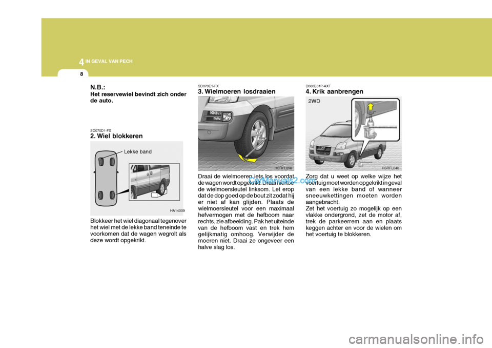 Hyundai H-1 (Grand Starex) 2006 Handleiding (in Dutch) 44IN GEVAL VAN PECH
8
SD070E1-FX
3. Wielmoeren losdraaien Draai de wielmoeren iets los voordat de wagen wordt opgekrikt. Draai hiertoede wielmoersleutel linksom. Let erop dat de dop goed op de bout z Hyundai H-1 (Grand Starex) 2006 Handleiding (in Dutch) 44IN GEVAL VAN PECH
8
SD070E1-FX
3. Wielmoeren losdraaien Draai de wielmoeren iets los voordat de wagen wordt opgekrikt. Draai hiertoede wielmoersleutel linksom. Let erop dat de dop goed op de bout z