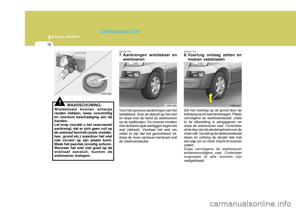 Hyundai H-1 (Grand Starex) 2006 Handleiding (in Dutch) 44IN GEVAL VAN PECH
12
SD070J1-FX
8. Voertuig omlaag zetten en
moeren vastdraaien
Zet het voertuig op de grond door de krikstang op en neer te bewegen. Plaats vervolgens de wielmoersleutel, zoals in Hyundai H-1 (Grand Starex) 2006 Handleiding (in Dutch) 44IN GEVAL VAN PECH
12
SD070J1-FX
8. Voertuig omlaag zetten en
moeren vastdraaien
Zet het voertuig op de grond door de krikstang op en neer te bewegen. Plaats vervolgens de wielmoersleutel, zoals in