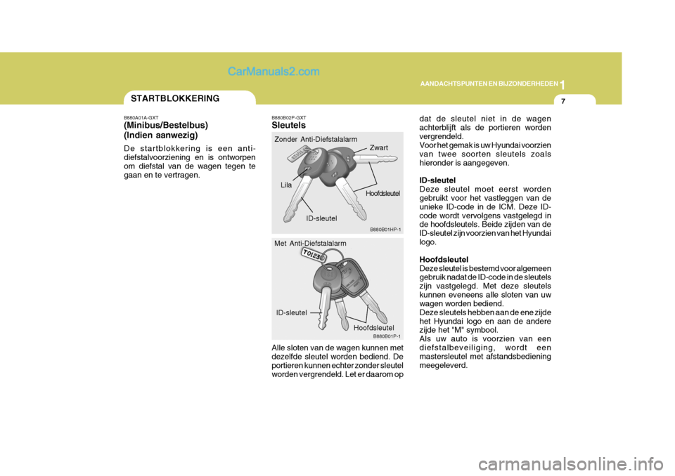 Hyundai H-1 (Grand Starex) 2006  Handleiding (in Dutch) 1
AANDACHTSPUNTEN EN BIJZONDERHEDEN
7
B880B01HP-1
STARTBLOKKERING
B880A01A-GXT (Minibus/Bestelbus) (Indien aanwezig) De startblokkering is een anti- diefstalvoorziening en is ontworpenom diefstal van 