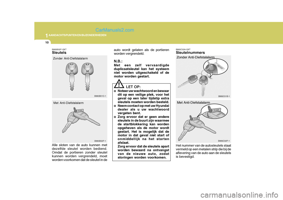 Hyundai H-1 (Grand Starex) 2006  Handleiding (in Dutch) 1AANDACHTSPUNTEN EN BIJZONDERHEDEN
10
B885C02A-GXT Sleutelnummers
Zonder Anti-Diefstalalarm
Met Anti-Diefstalalarm
Het nummer van de autosleutels staat vermeld op een metalen strip die bij de afleveri