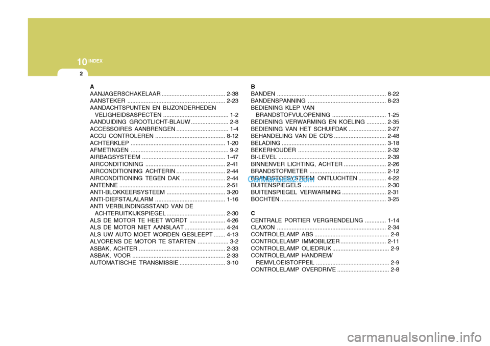 Hyundai H-1 (Grand Starex) 2006  Handleiding (in Dutch) 10INDEX
2
A 
AANJAGERSCHAKELAAR ....................................... 2-38
AANSTEKER ............................................................ 2-23
AANDACHTSPUNTEN EN BIJZONDERHEDEN
VELIGHEIDSASP