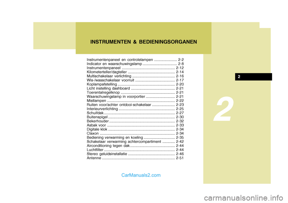 Hyundai H-1 (Grand Starex) 2006  Handleiding (in Dutch) 2
Instrumentenpaneel en controlelampen ...................... 2-2 
Indicator en waarschuwingslamp ................................. 2-8Instrumentenpaneel...............................................