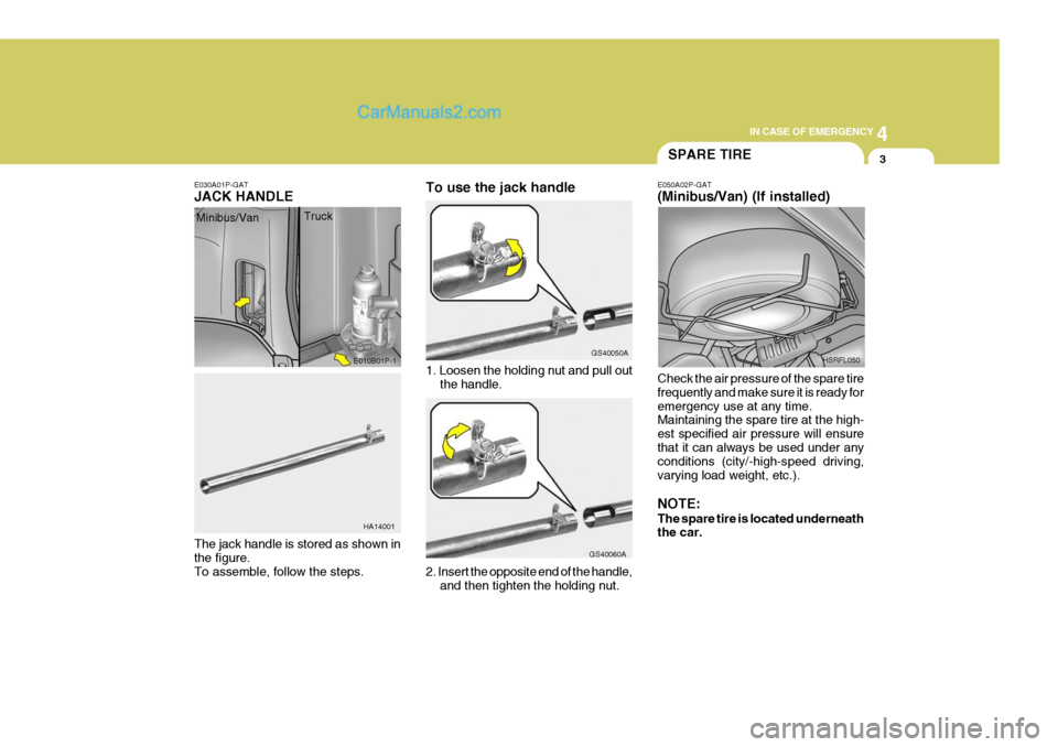 Hyundai H-1 (Grand Starex) 2005  Owners Manual 4
CORROSION PREVENTION AND APPEARANCE CARE
3
4
IN CASE OF EMERGENCY
3
E030A01P-GAT JACK HANDLE
1. Loosen the holding nut and pull outthe handle.
The jack handle is stored as shown in the figure. To as