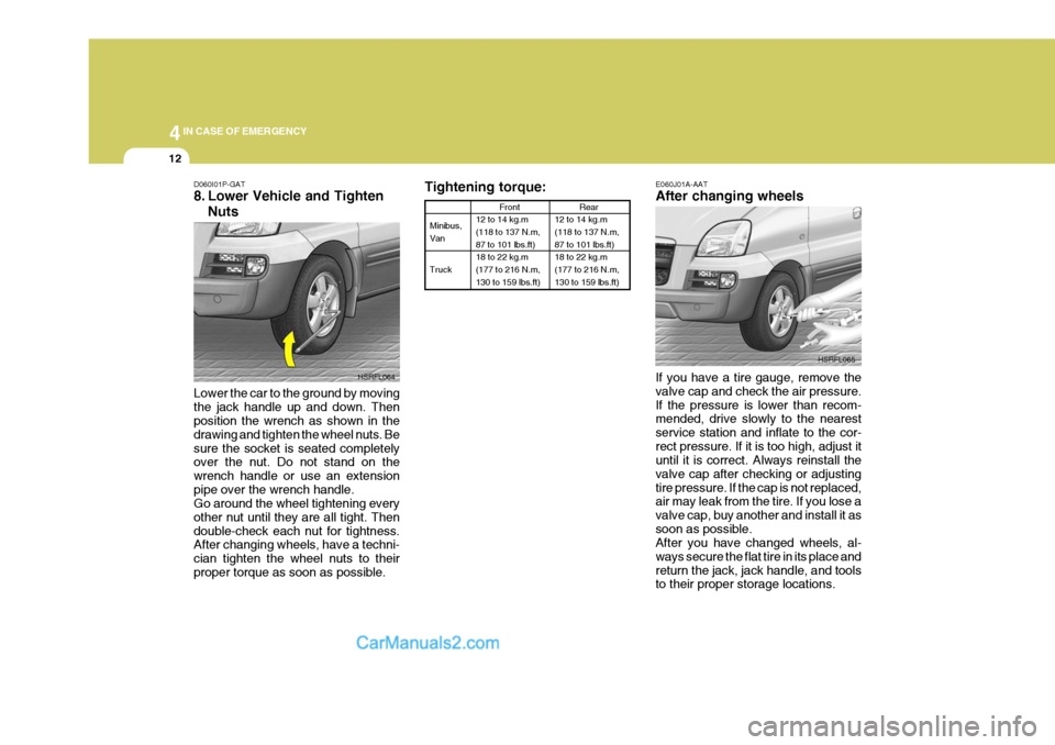 Hyundai H-1 (Grand Starex) 2005 Owners Manual 44IN CASE OF EMERGENCY
12
Tightening torque:
Minibus, Van Truck Front
12 to 14 kg.m (118 to 137 N.m, 87 to 101 lbs.ft) 18 to 22 kg.m(177 to 216 N.m, 130 to 159 lbs.ft)
Rear
12 to 14 kg.m (118 to 137 N Hyundai H-1 (Grand Starex) 2005 Owners Manual 44IN CASE OF EMERGENCY
12
Tightening torque:
Minibus, Van Truck Front
12 to 14 kg.m (118 to 137 N.m, 87 to 101 lbs.ft) 18 to 22 kg.m(177 to 216 N.m, 130 to 159 lbs.ft)
Rear
12 to 14 kg.m (118 to 137 N