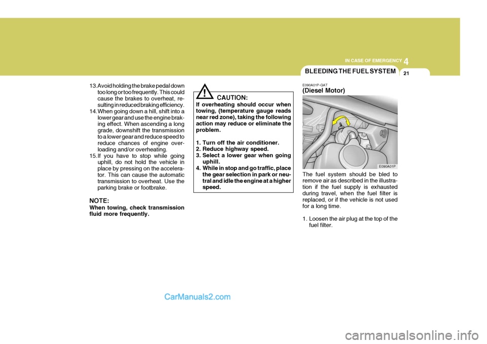 Hyundai H-1 (Grand Starex) 2005 Owners Manual 4
CORROSION PREVENTION AND APPEARANCE CARE
21
4
IN CASE OF EMERGENCY
21BLEEDING THE FUEL SYSTEM
CAUTION:
If overheating should occur when towing, (temperature gauge reads near red zone), taking the fo Hyundai H-1 (Grand Starex) 2005 Owners Manual 4
CORROSION PREVENTION AND APPEARANCE CARE
21
4
IN CASE OF EMERGENCY
21BLEEDING THE FUEL SYSTEM
CAUTION:
If overheating should occur when towing, (temperature gauge reads near red zone), taking the fo