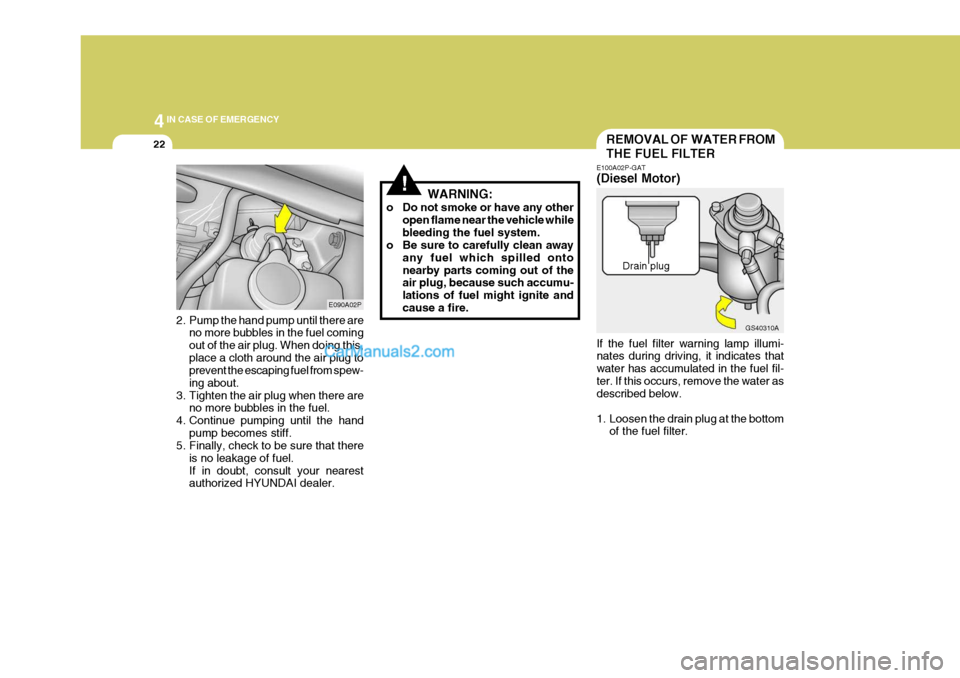 Hyundai H-1 (Grand Starex) 2005 Owners Manual 44IN CASE OF EMERGENCY
22
2. Pump the hand pump until there are
no more bubbles in the fuel coming out of the air plug. When doing this,place a cloth around the air plug to prevent the escaping fuel f Hyundai H-1 (Grand Starex) 2005 Owners Manual 44IN CASE OF EMERGENCY
22
2. Pump the hand pump until there are
no more bubbles in the fuel coming out of the air plug. When doing this,place a cloth around the air plug to prevent the escaping fuel f