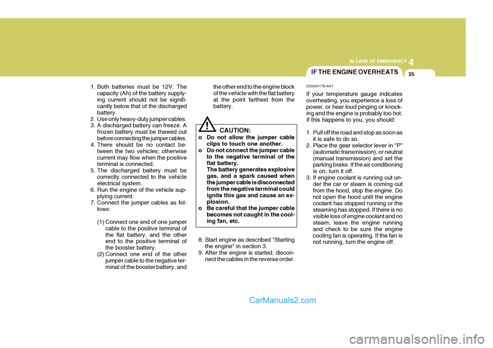 Hyundai H-1 (Grand Starex) 2005  Owners Manual 4
CORROSION PREVENTION AND APPEARANCE CARE
25
4
IN CASE OF EMERGENCY
25IF THE ENGINE OVERHEATS
CAUTION:
o Do not allow the jumper cable clips to touch one another.
o Do not connect the jumper cable
to