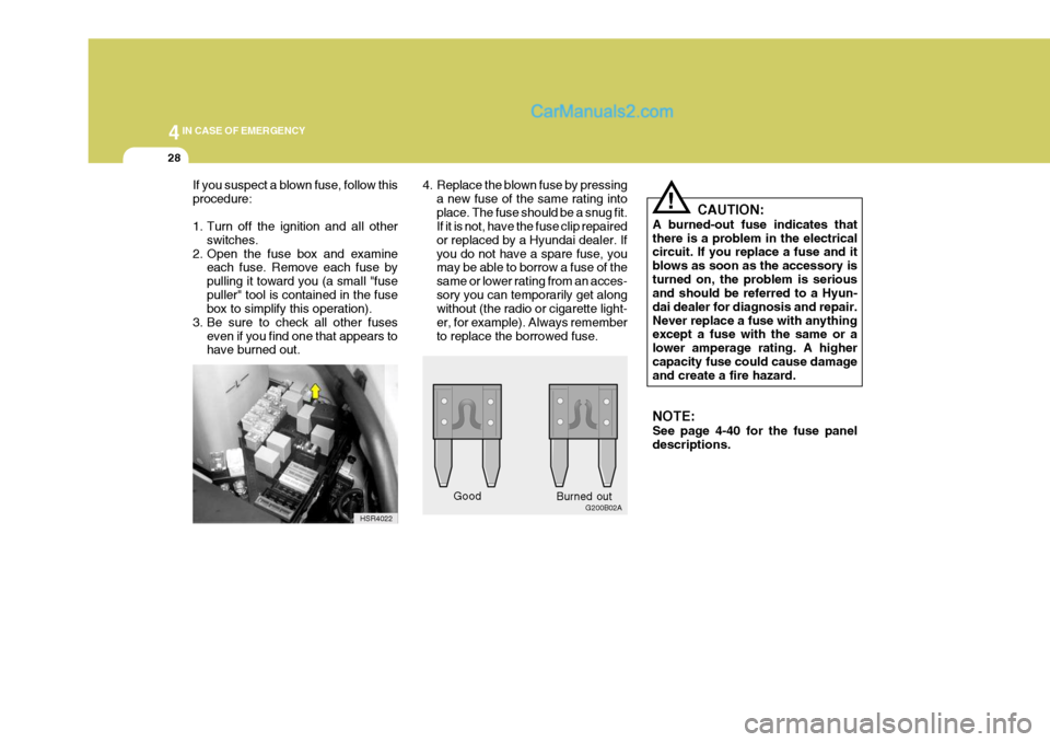 Hyundai H-1 (Grand Starex) 2005 Owners Manual 44IN CASE OF EMERGENCY
28
If you suspect a blown fuse, follow this procedure:
1. Turn off the ignition and all other
switches.
2. Open the fuse box and examine each fuse. Remove each fuse by pulling Hyundai H-1 (Grand Starex) 2005 Owners Manual 44IN CASE OF EMERGENCY
28
If you suspect a blown fuse, follow this procedure:
1. Turn off the ignition and all other
switches.
2. Open the fuse box and examine each fuse. Remove each fuse by pulling