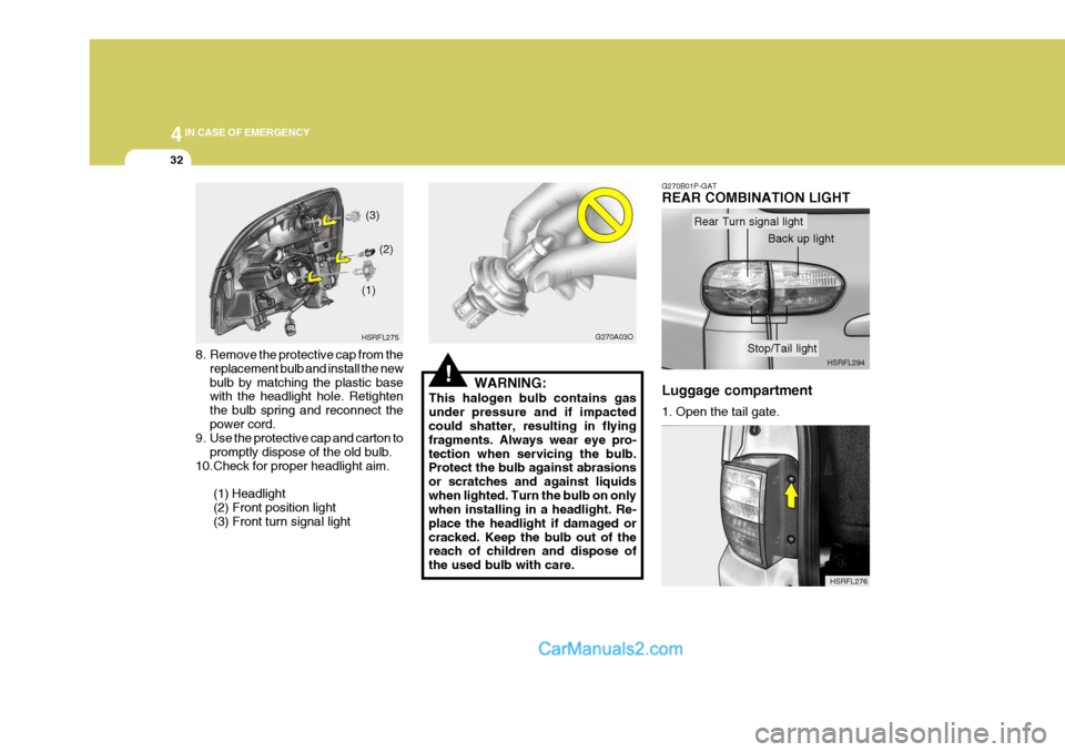 Hyundai H-1 (Grand Starex) 2005  Owners Manual 44IN CASE OF EMERGENCY
32
8. Remove the protective cap from the
replacement bulb and install the new bulb by matching the plastic base with the headlight hole. Retighten the bulb spring and reconnect 