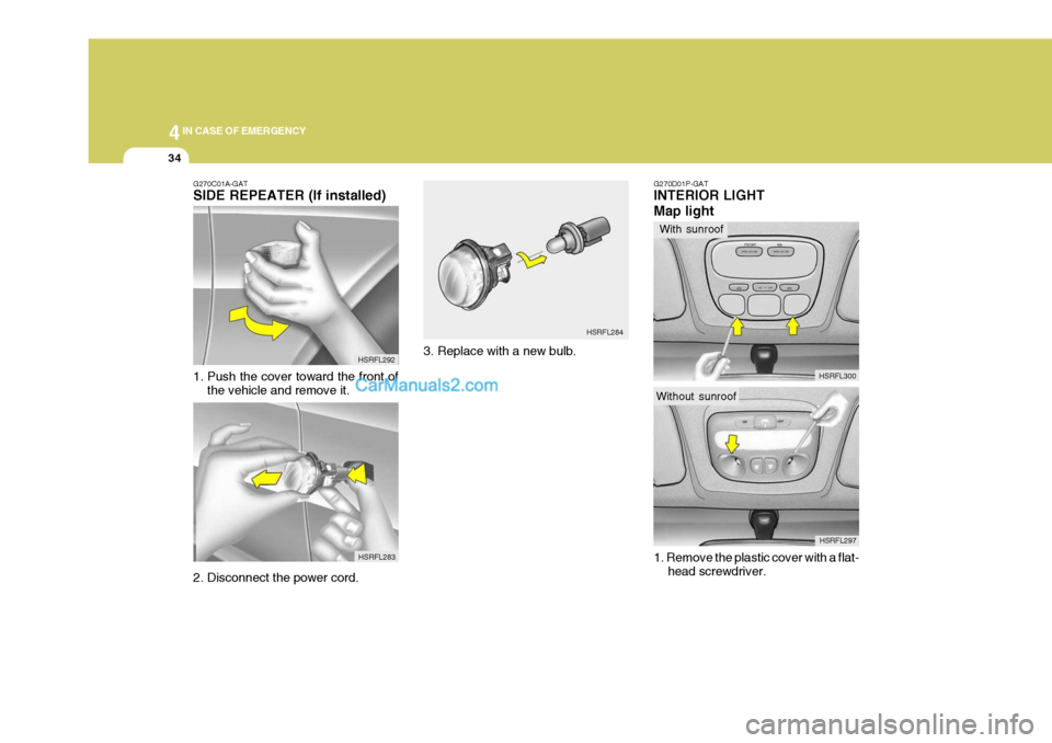 Hyundai H-1 (Grand Starex) 2005  Owners Manual 44IN CASE OF EMERGENCY
34
HSRFL283
G270C01A-GAT SIDE REPEATER (If installed) 
1. Push the cover toward the front of
the vehicle and remove it. HSRFL292
3. Replace with a new bulb. HSRFL284
2. Disconne