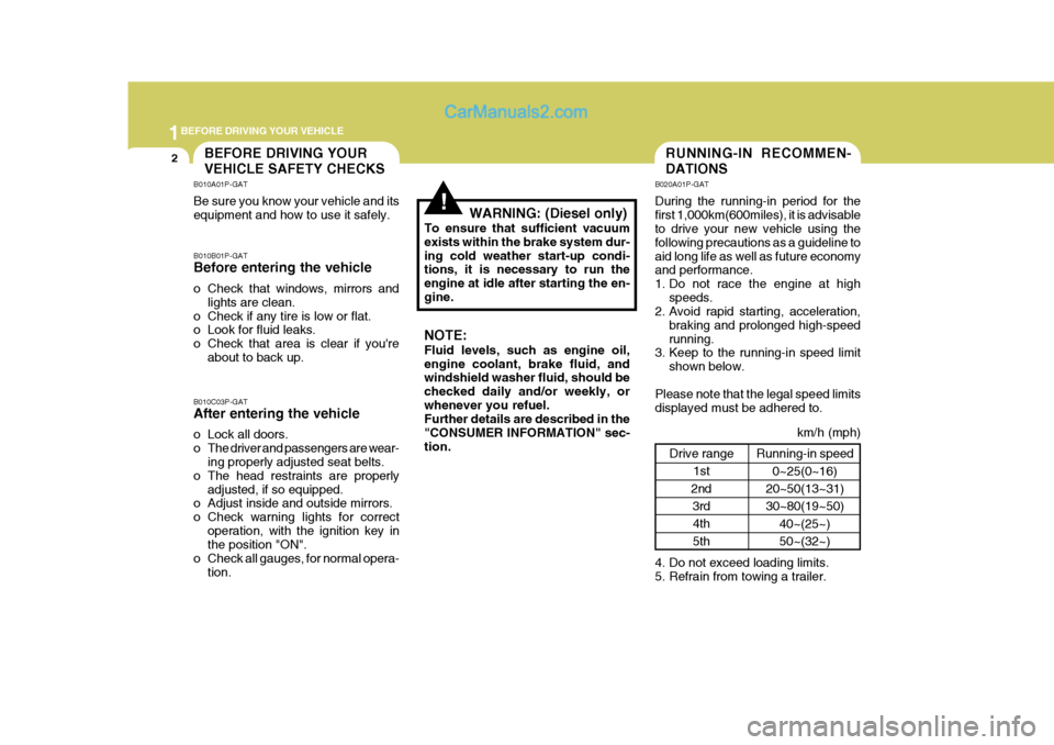 Hyundai H-1 (Grand Starex) 2005 User Guide 1BEFORE DRIVING YOUR VEHICLE
2RUNNING-IN RECOMMEN- DATIONSBEFORE DRIVING YOUR VEHICLE SAFETY CHECKS
Drive range1st
2nd 3rd
4th 5th
!
B010A01P-GAT Be sure you know your vehicle and its equipment and ho Hyundai H-1 (Grand Starex) 2005 User Guide 1BEFORE DRIVING YOUR VEHICLE
2RUNNING-IN RECOMMEN- DATIONSBEFORE DRIVING YOUR VEHICLE SAFETY CHECKS
Drive range1st
2nd 3rd
4th 5th
!
B010A01P-GAT Be sure you know your vehicle and its equipment and ho