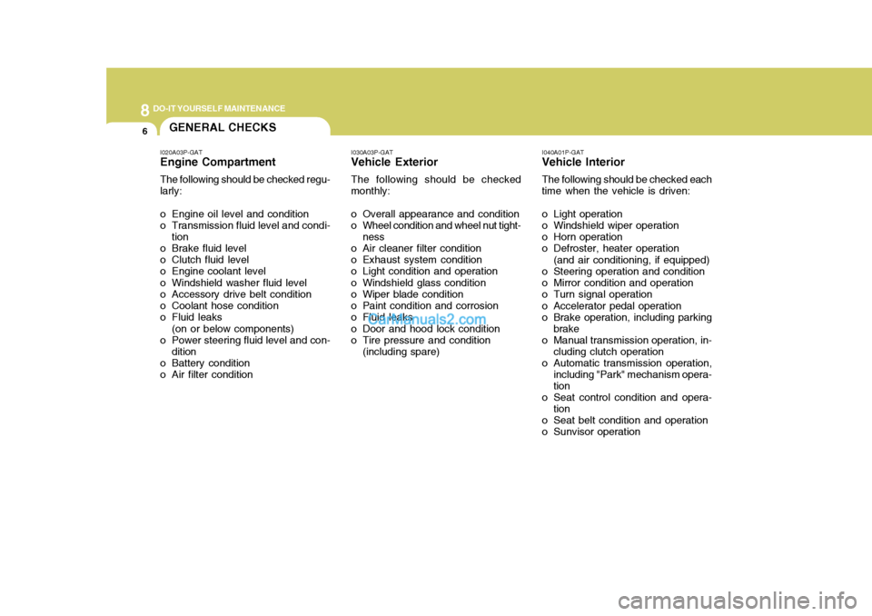 Hyundai H-1 (Grand Starex) 2005 User Guide 8DO-IT YOURSELF MAINTENANCE
6GENERAL CHECKS
I020A03P-GAT Engine Compartment The following should be checked regu- larly: 
o Engine oil level and condition 
o Transmission fluid level and condi- tion
o