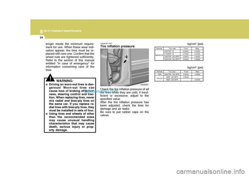 Hyundai H-1 (Grand Starex) 2005 User Guide 8DO-IT YOURSELF MAINTENANCE
24
Vehicle
MINIBUS
longer meets the minimum require- ment for use. When these wear indi-cators appear, the tires must be re- placed with new one. Confirm that the wheel nut