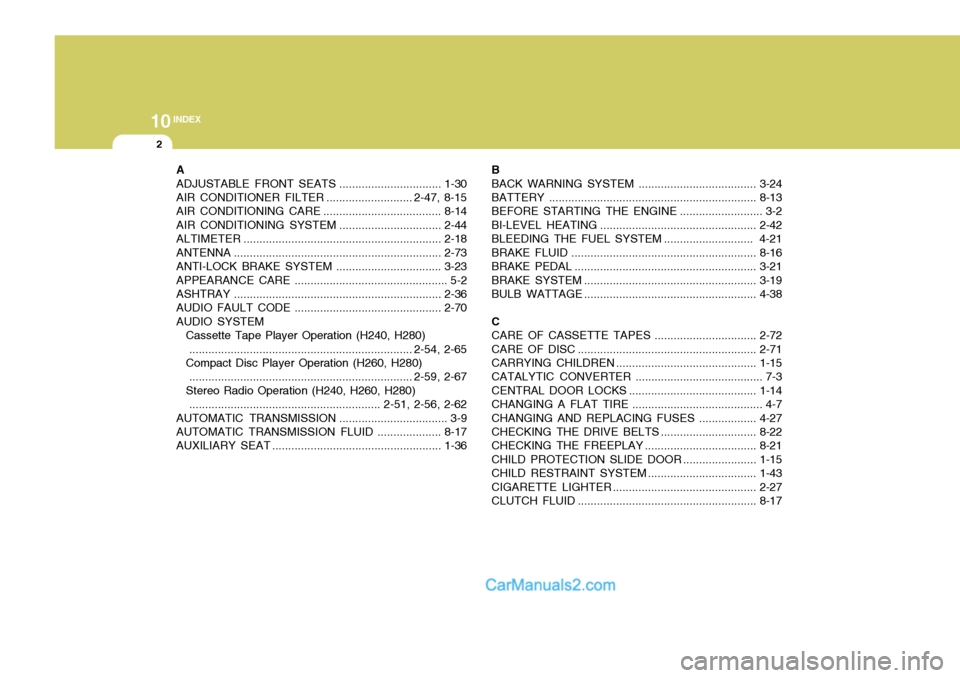 Hyundai H-1 (Grand Starex) 2005  Owners Manual 10INDEX
2
A ADJUSTABLE FRONT SEATS ................................1-30
AIR CONDITIONER FILTER ........................... 2-47, 8-15
AIR CONDITIONING CARE .....................................8-14
AI