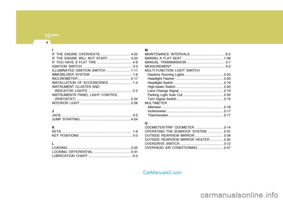 Hyundai H-1 (Grand Starex) 2005  Owners Manual 10INDEX
4
I IF THE ENGINE  OVERHEATS ................................ 4-25
IF THE ENGINE WILL NOT START .......................4-23
IF YOU HAVE A FLAT  TIRE ..................................... 4-6
I