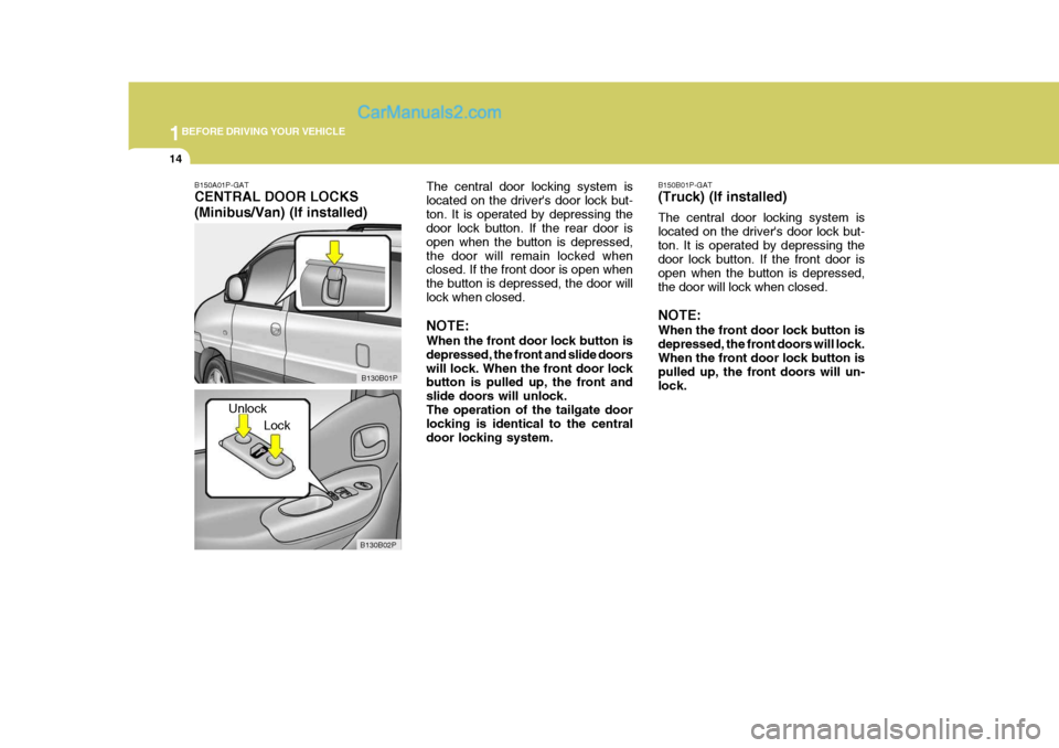 Hyundai H-1 (Grand Starex) 2005 Owners Guide 1BEFORE DRIVING YOUR VEHICLE
14
B150B01P-GAT (Truck) (If installed) The central door locking system is located on the drivers door lock but-ton. It is operated by depressing the door lock button. If 