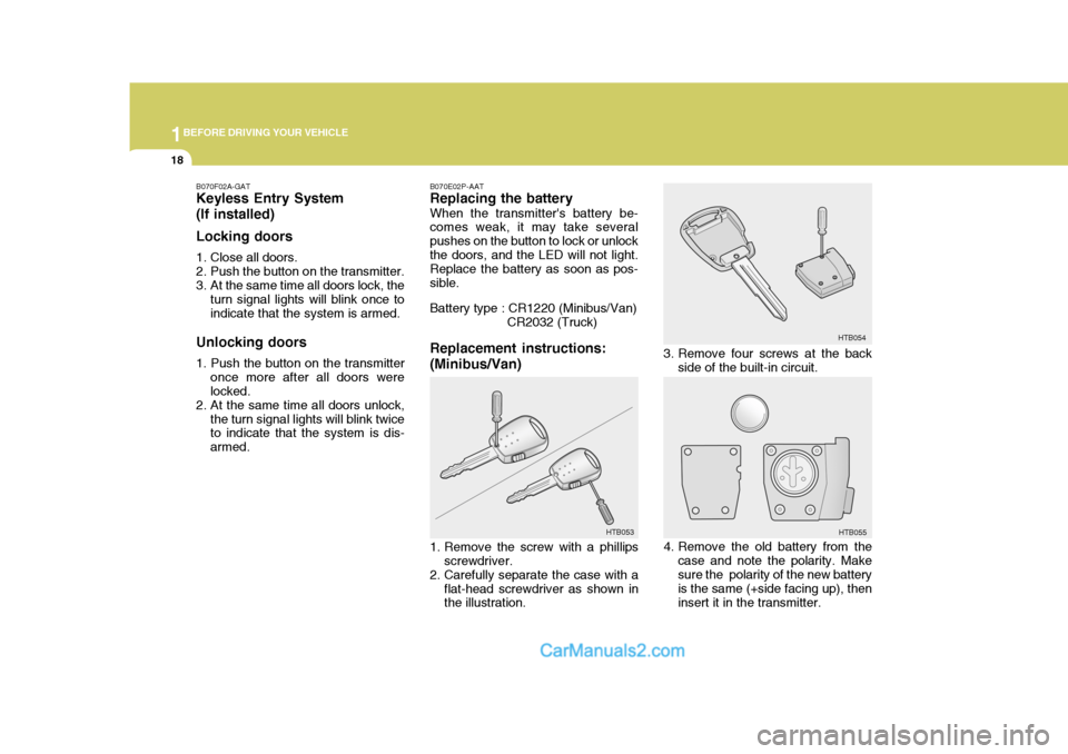 Hyundai H-1 (Grand Starex) 2005  Owners Manual 1BEFORE DRIVING YOUR VEHICLE
18
B070F02A-GAT Keyless Entry System (If installed) Locking doors 
1. Close all doors. 
2. Push the button on the transmitter.
3. At the same time all doors lock, the
turn