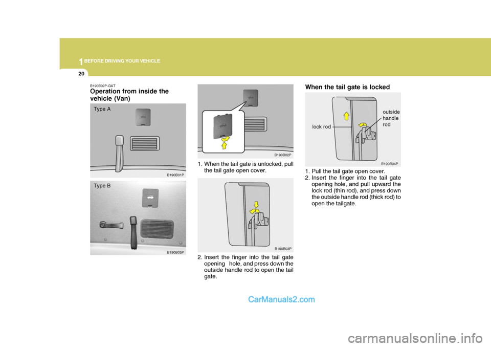 Hyundai H-1 (Grand Starex) 2005 Owners Guide 1BEFORE DRIVING YOUR VEHICLE
20
1. Pull the tail gate open cover. 
2. Insert the finger into the tail gate
opening hole, and pull upward the lock rod (thin rod), and press down the outside handle rod 