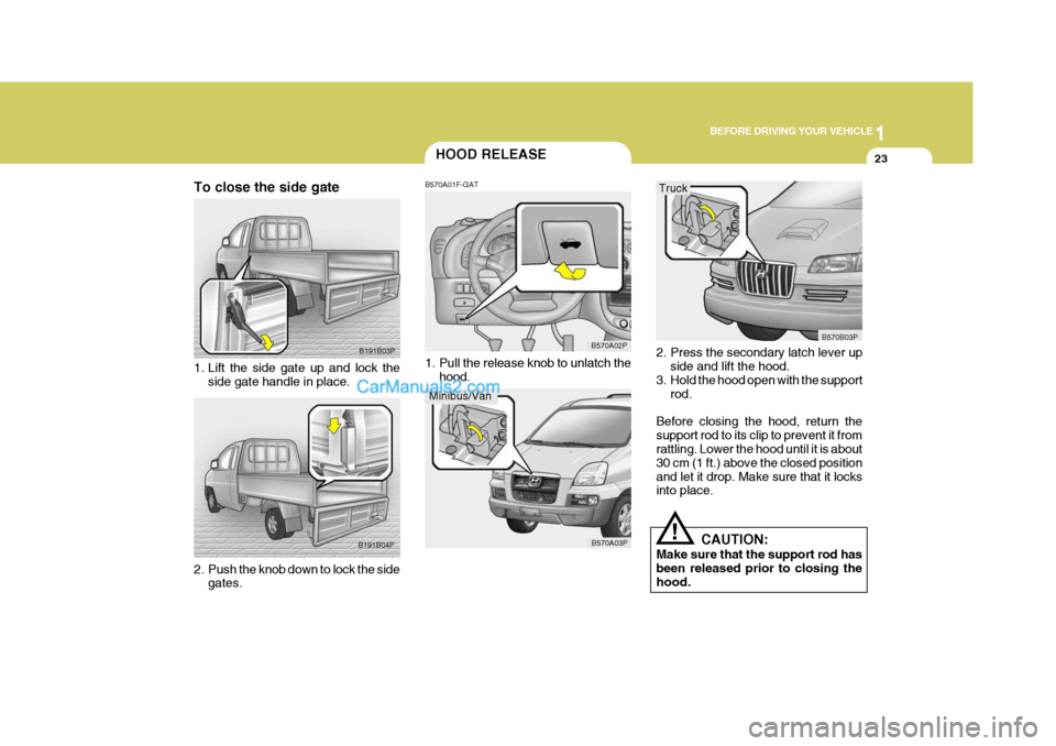 Hyundai H-1 (Grand Starex) 2005  Owners Manual 1
BEFORE DRIVING YOUR VEHICLE
23HOOD RELEASE
B570A01F-GAT 
1. Pull the release knob to unlatch the hood. B570A02P
B570A03P
B191B03P
B191B04P
To close the side gate 
1. Lift the side gate up and lock t