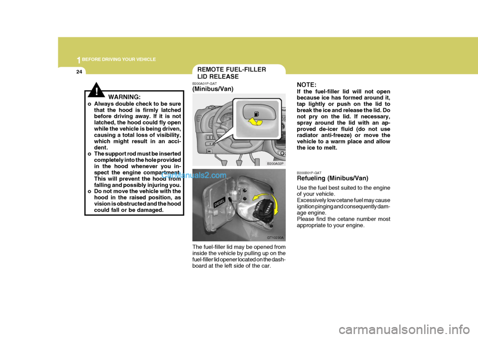 Hyundai H-1 (Grand Starex) 2005  Owners Manual 1BEFORE DRIVING YOUR VEHICLE
24
B200B01P-GAT Refueling (Minibus/Van) Use the fuel best suited to the engine of your vehicle. Excessively low cetane fuel may causeignition pinging and consequently dam-