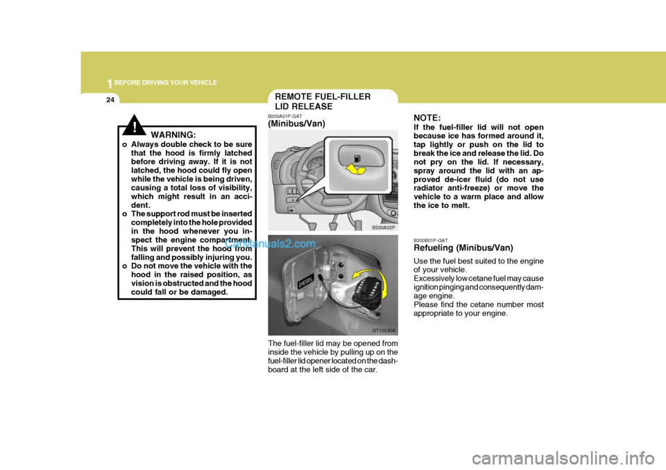 Hyundai H-1 (Grand Starex) 2005  Owners Manual 1BEFORE DRIVING YOUR VEHICLE
24
B200B01P-GAT Refueling (Minibus/Van) Use the fuel best suited to the engine of your vehicle. Excessively low cetane fuel may causeignition pinging and consequently dam-