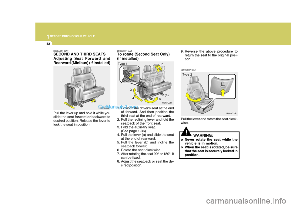 Hyundai H-1 (Grand Starex) 2005  Owners Manual 1BEFORE DRIVING YOUR VEHICLE
32
5
!
B290C03P-GAT Pull the lever and rotate the seat clock- wise.
WARNING:
o Never rotate the seat while the vehicle is in motion.
o When the seat is rotated, be sure
th