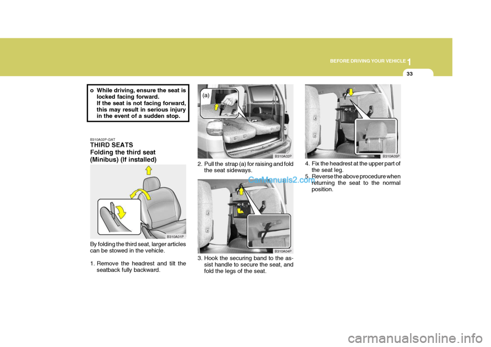 Hyundai H-1 (Grand Starex) 2005 Service Manual 1
BEFORE DRIVING YOUR VEHICLE
33
B310A02P-GAT THIRD SEATS Folding the third seat(Minibus) (If installed) By folding the third seat, larger articles can be stowed in the vehicle. 
1. Remove the headres