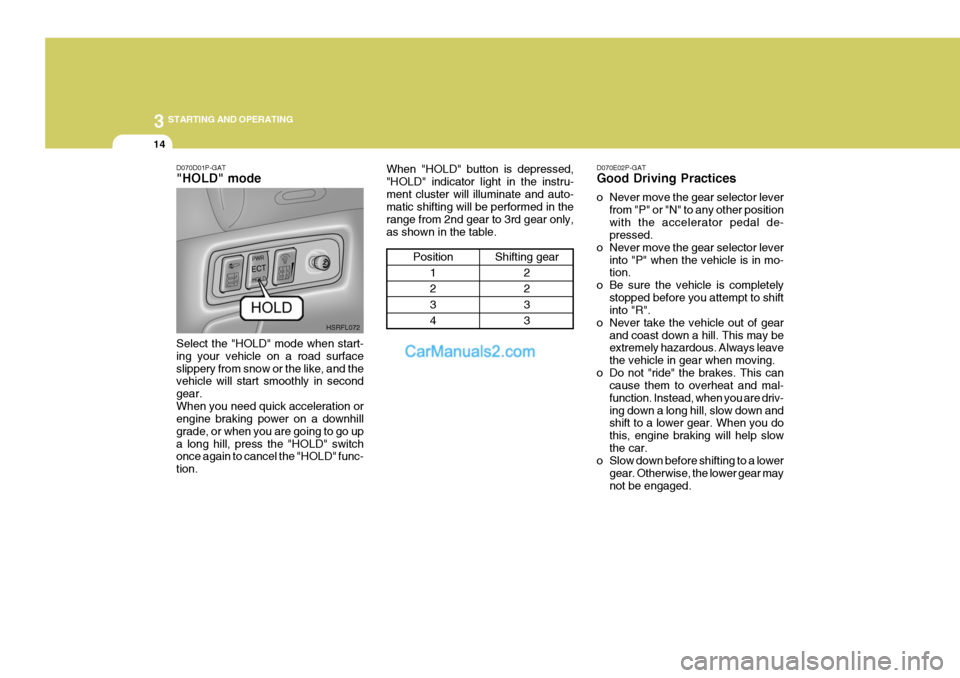 Hyundai H-1 (Grand Starex) 2005  Owners Manual 3 STARTING AND OPERATING
14
D070E02P-GAT Good Driving Practices 
o Never move the gear selector lever
from "P" or "N" to any other position with the accelerator pedal de- pressed.
o Never move the gea