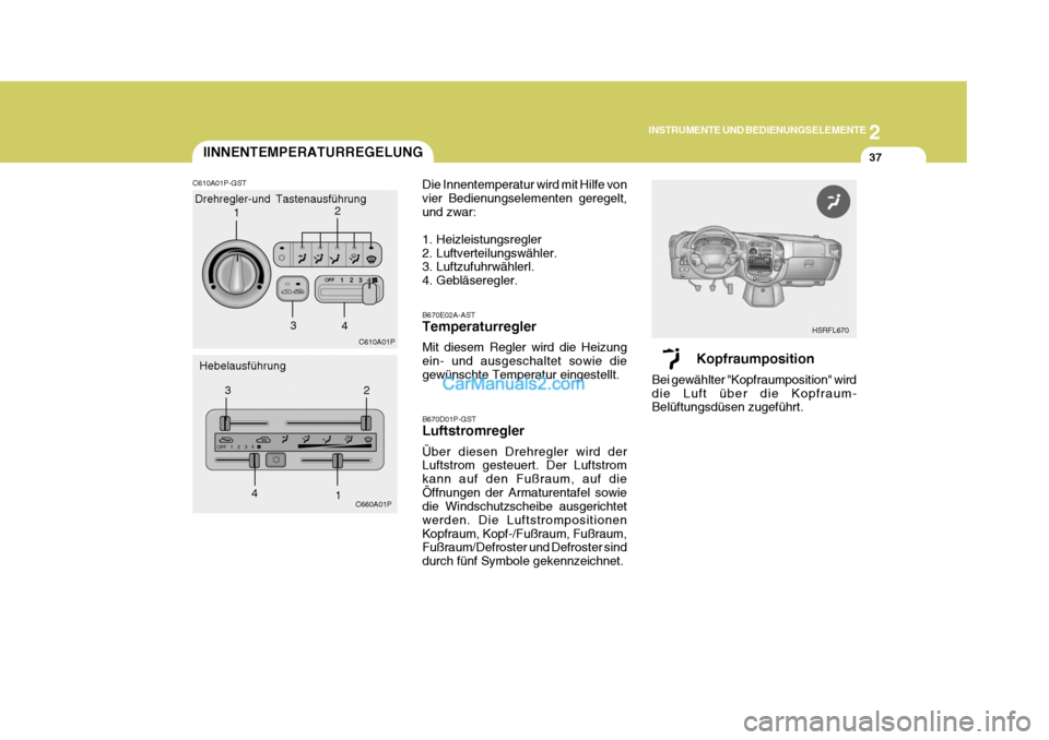 Hyundai H-1 (Grand Starex) 2005 Betriebsanleitung (in German) 2
INSTRUMENTE UND BEDIENUNGSELEMENTE
37
Kopfraumposition
Bei gewählter "Kopfraumposition" wird die Luft über die Kopfraum- Belüftungsdüsen zugeführt. HSRFL670
IINNENTEMPERATURREGELUNG
C610A01P-GS Hyundai H-1 (Grand Starex) 2005 Betriebsanleitung (in German) 2
INSTRUMENTE UND BEDIENUNGSELEMENTE
37
Kopfraumposition
Bei gewählter "Kopfraumposition" wird die Luft über die Kopfraum- Belüftungsdüsen zugeführt. HSRFL670
IINNENTEMPERATURREGELUNG
C610A01P-GS