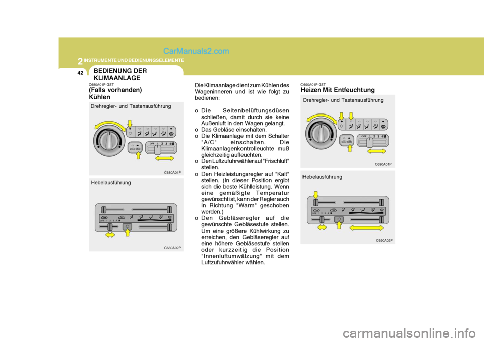Hyundai H-1 (Grand Starex) 2005  Betriebsanleitung (in German) 2INSTRUMENTE UND BEDIENUNGSELEMENTE
42BEDIENUNG DER KLIMAANLAGE
C680A01P-GST (Falls vorhanden) Kühlen Die Klimaanlage dient zum Kühlen des Wageninneren und ist wie folgt zubedienen: 
o Die Seitenbel