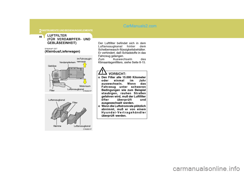 Hyundai H-1 (Grand Starex) 2005  Betriebsanleitung (in German) 2INSTRUMENTE UND BEDIENUNGSELEMENTE
46
Der Luftfilter befindet sich in dem Luftansaugkanal hinter demScheibenwasch-flüssigkeitsbehälter. Er verhindert, daß Schadstoffe in das Fahrzeug gelangen.Zum 
