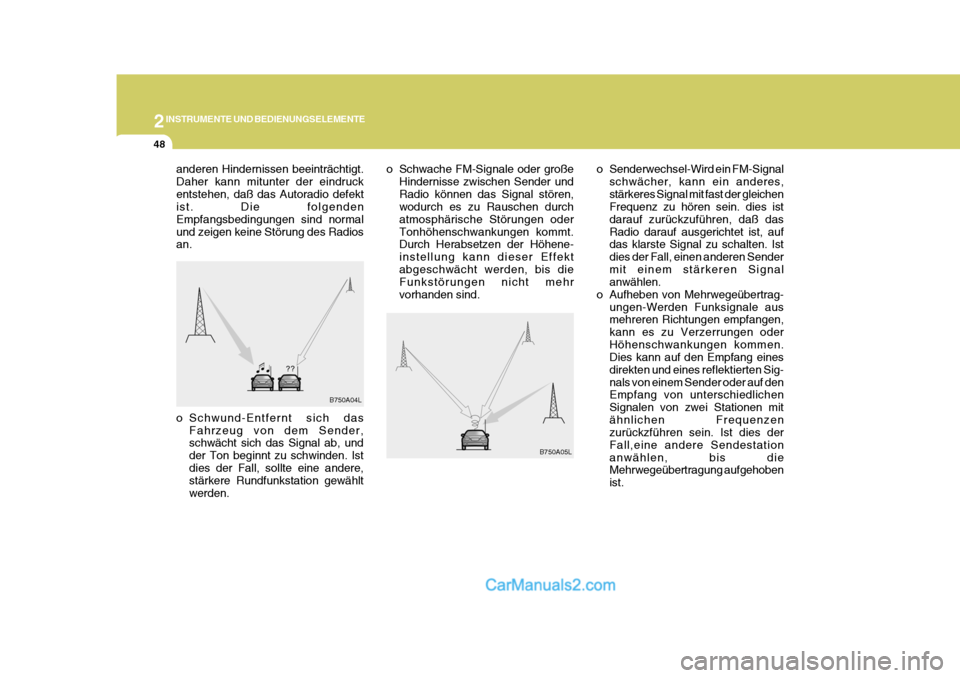 Hyundai H-1 (Grand Starex) 2005  Betriebsanleitung (in German) 2INSTRUMENTE UND BEDIENUNGSELEMENTE
48
B750A04L
B750A05L
anderen Hindernissen beeinträchtigt. Daher kann mitunter der eindruckentstehen, daß das Autoradio defekt ist. Die folgenden Empfangsbedingung