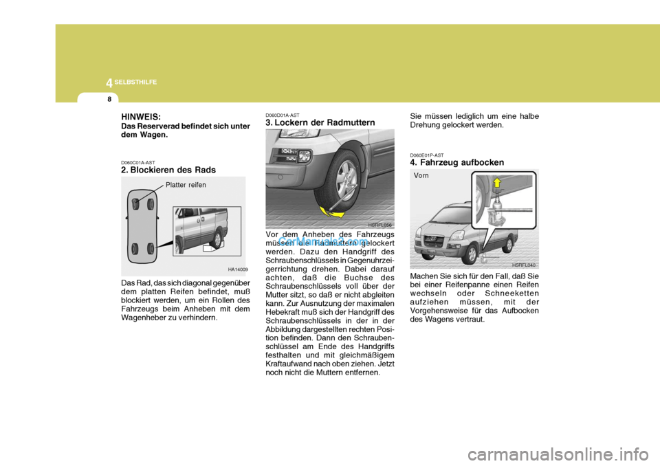 Hyundai H-1 (Grand Starex) 2005 Betriebsanleitung (in German) 44SELBSTHILFE
8
HSRFL056 D060E01P-AST 4. Fahrzeug aufbocken
HSRFL040
Vorn
Machen Sie sich für den Fall, daß Sie bei einer Reifenpanne einen Reifen wechseln oder Schneekettenaufziehen müssen, mit de Hyundai H-1 (Grand Starex) 2005 Betriebsanleitung (in German) 44SELBSTHILFE
8
HSRFL056 D060E01P-AST 4. Fahrzeug aufbocken
HSRFL040
Vorn
Machen Sie sich für den Fall, daß Sie bei einer Reifenpanne einen Reifen wechseln oder Schneekettenaufziehen müssen, mit de